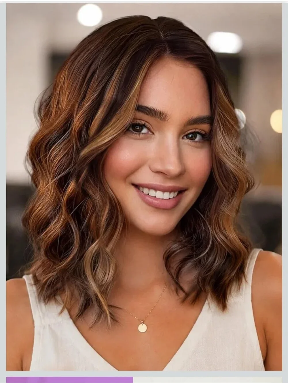NWT Women Brown Caramel Highlight,Short Wavy Synthetic Lace WigGlueless